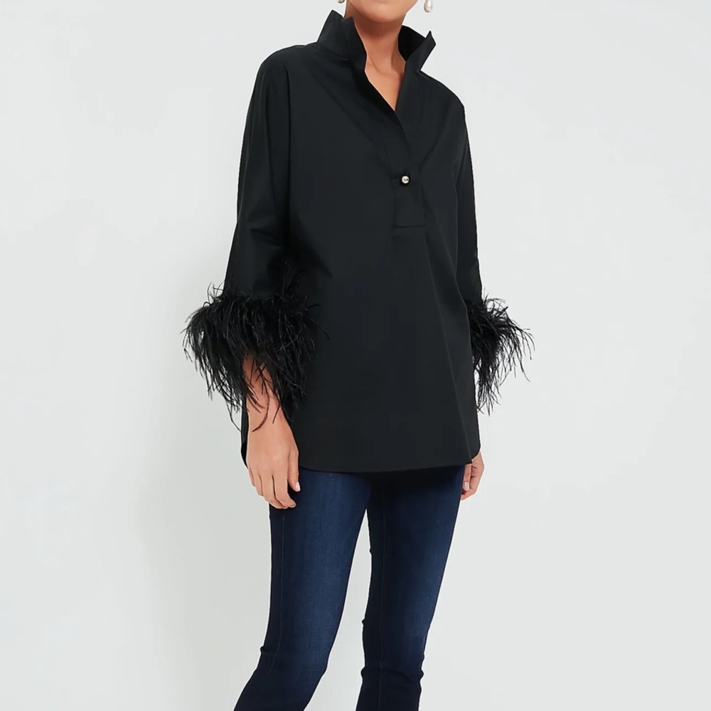 Tuckernuck Black Feather Trim Blouse